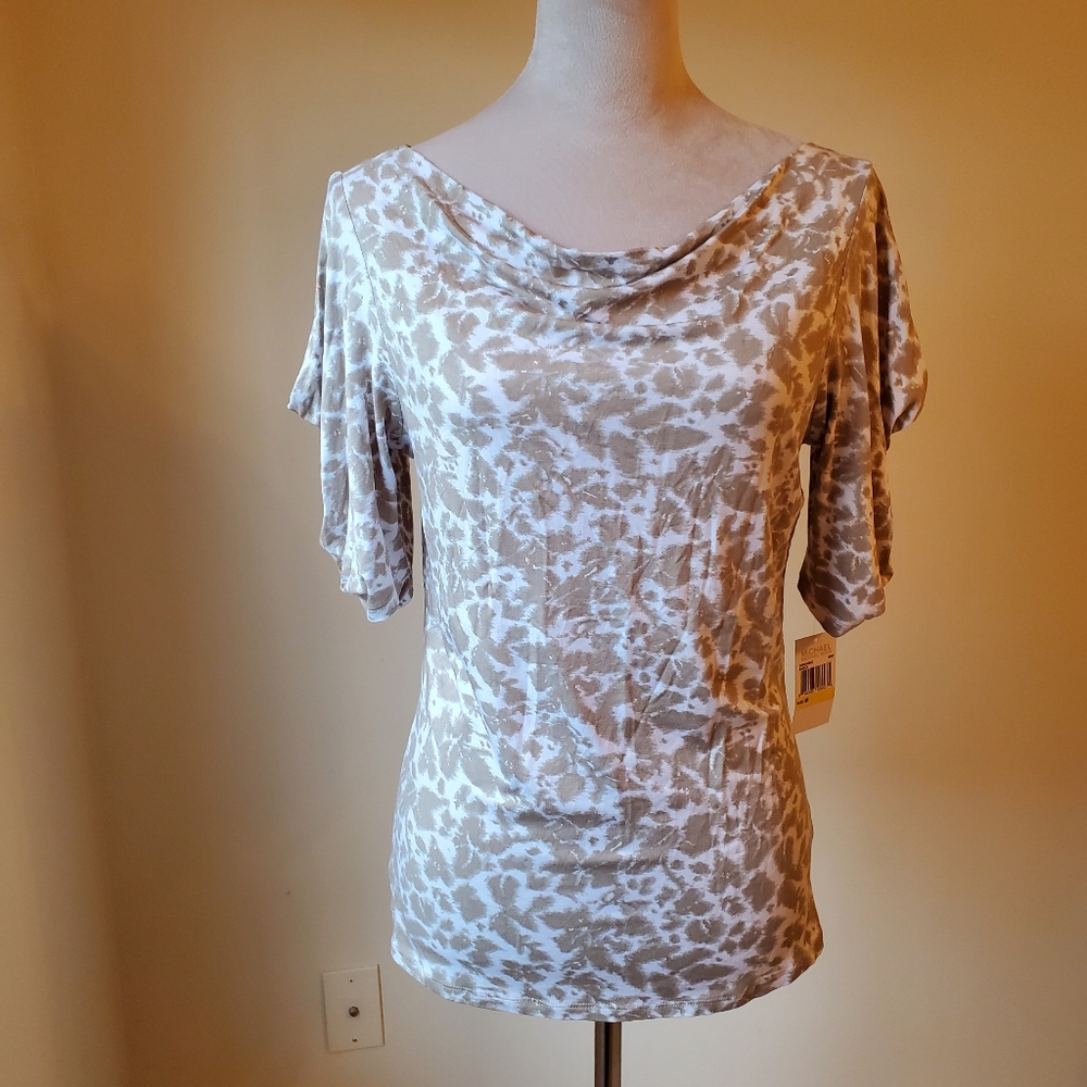 MICHAEL Michael Kors Top, Draped Neck,  Short Sleeve, Tan/White Pattern.